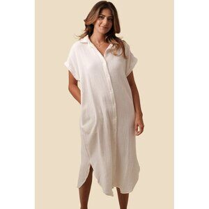 Miou Muse Women's Sasha White Button-Down Gauze‎ Shirt Midi Dress S/M